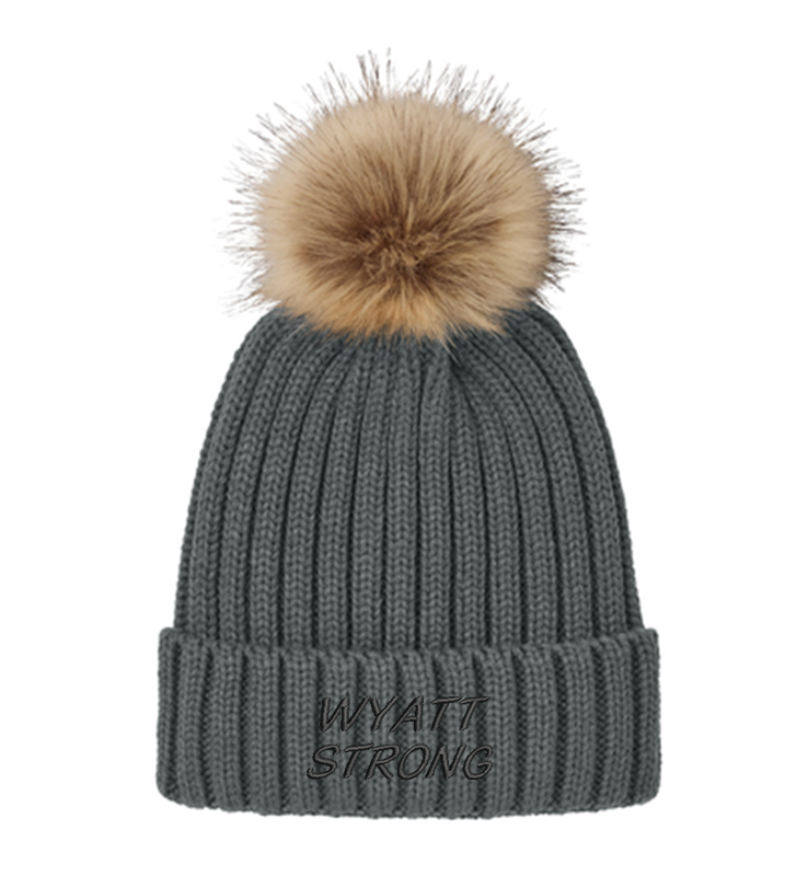 WYATT STRONG GREY FAUX FUR POM BEANIE