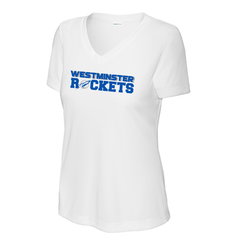 WESTMINSTER ROCKETS 2024 LADIES V-NECK WHITE PERFORMANCE TEE