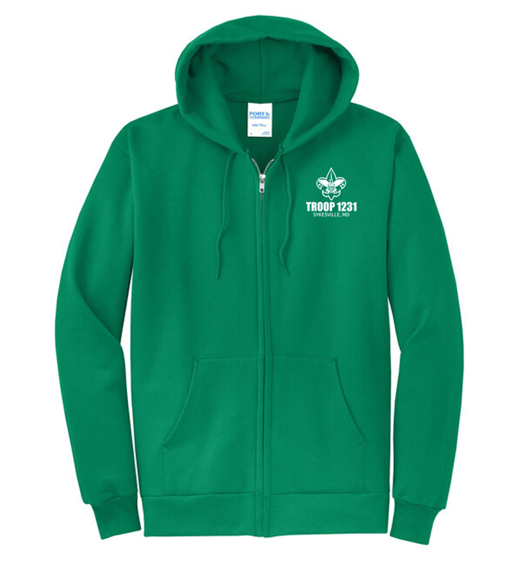 TROOP 1231 KELLY GREEN ZIP UP HOODIE