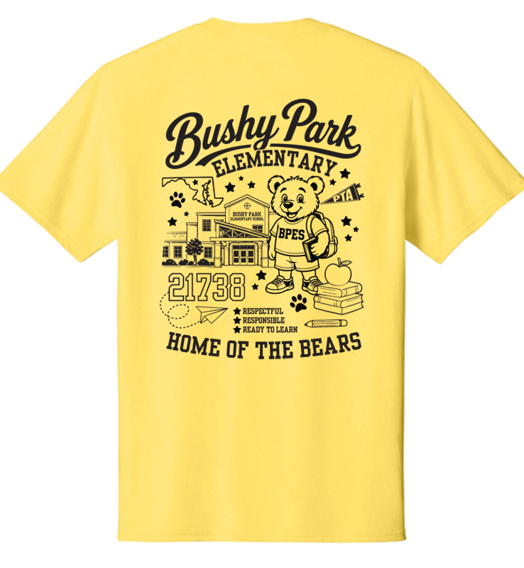 BUSHY PARK HOME OF THE BEARS YELLOW TEE